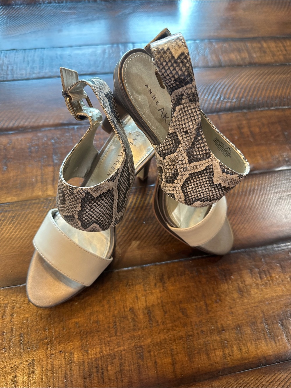 Anne Klein Neutral Leather Front with Snake-Print Slingback Heels